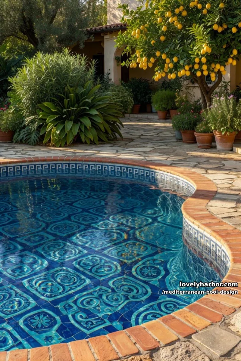 curved mediterranean pool with blue tile, terracotta border, and lush greenery. 1