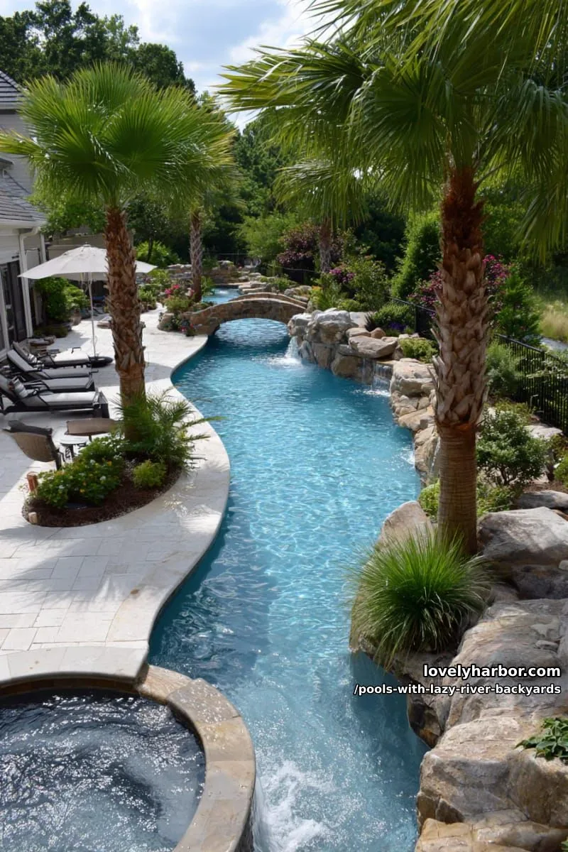 19 Pools with Lazy Rivers for Stunning Backyards 16 curved pool complex, stone bridges, central island, and elevated hot tub. 1