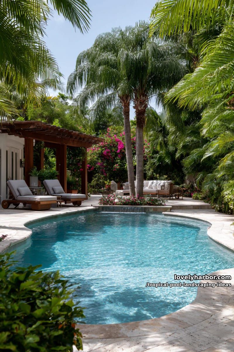 curved pool, island greenery, palm trees, pergola, cushioned chairs, secluded oasis. 1