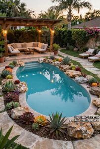 curved pool surrounded by rock garden, succulents, and wooden pergola patio. 13