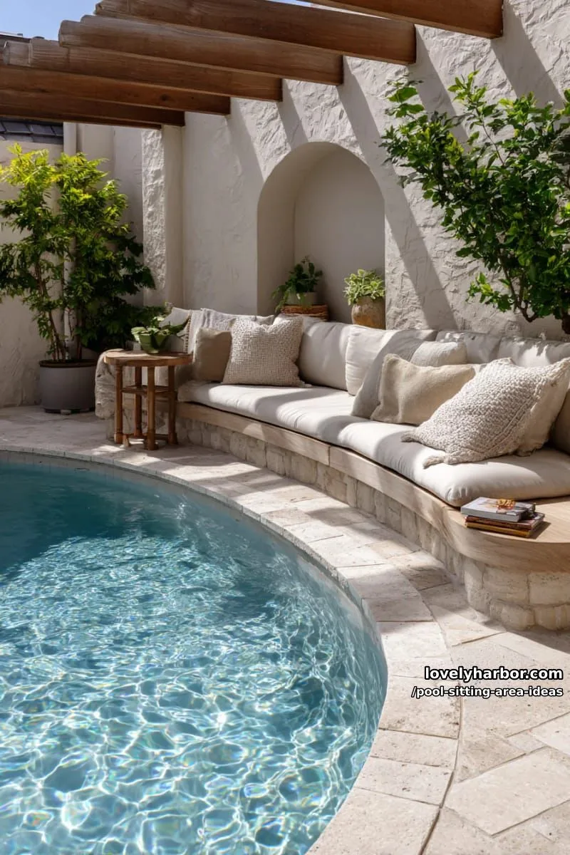 curved pool with built-in wooden bench and cozy reading nook. 1