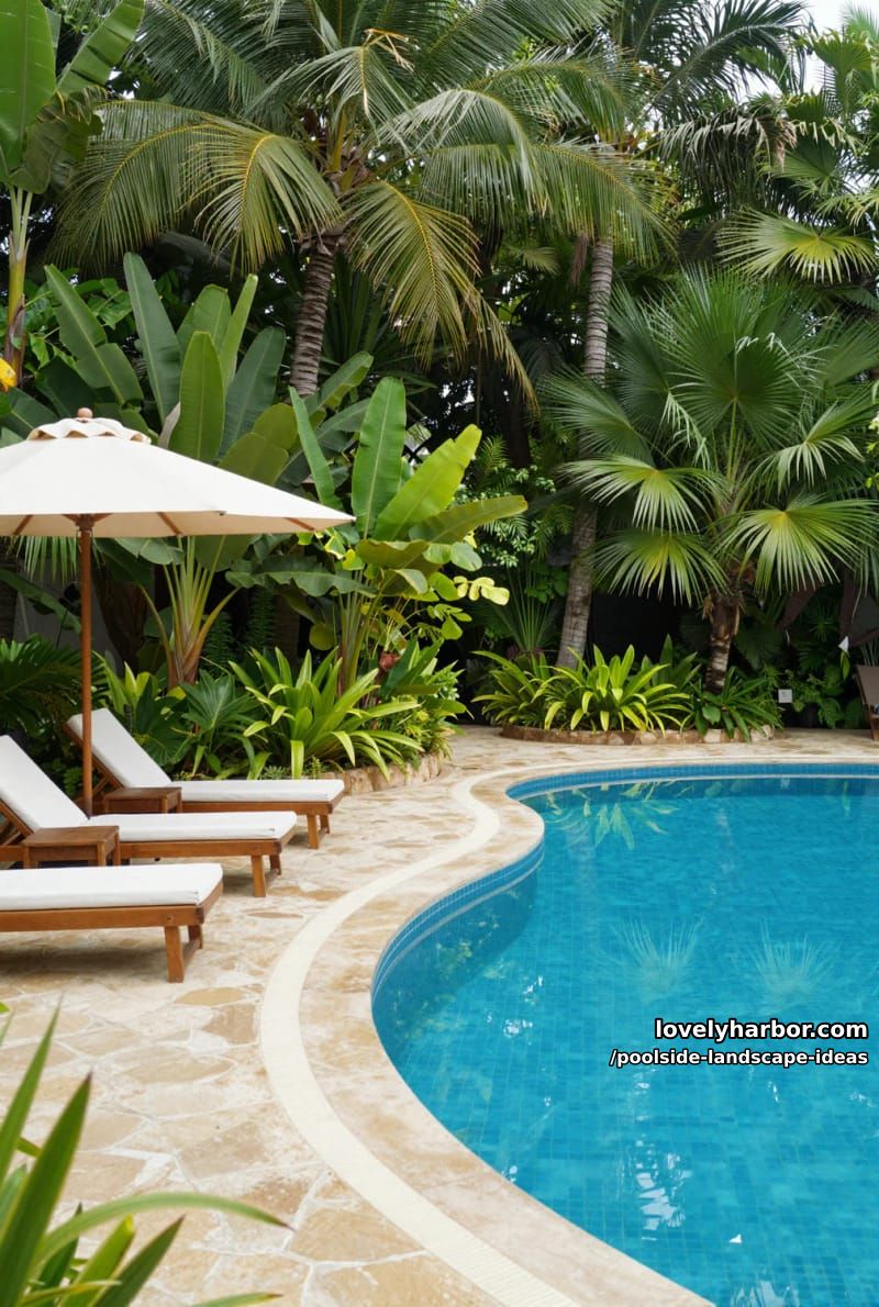 curved pool with palm trees, dense tropical plants, and wooden lounge chairs. 1