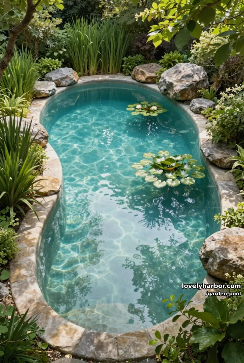 curved turquoise pool, stone edging, stepping stones, water lilies, lush natural setting. 1