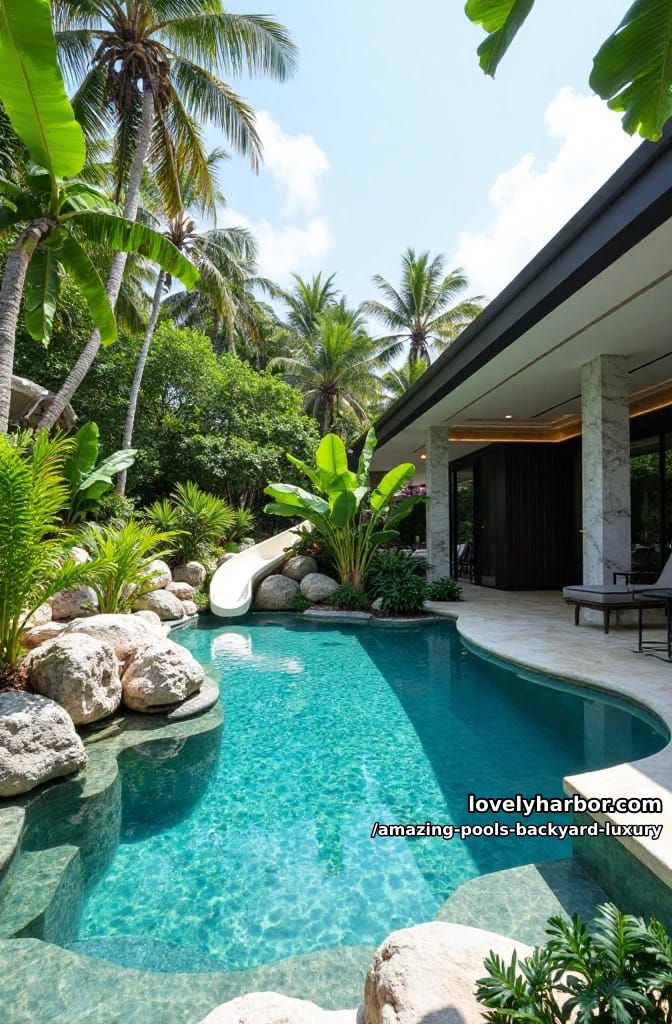 curved waterslide pool, lush tropical plants, modern villa with marble and wood accents. 1