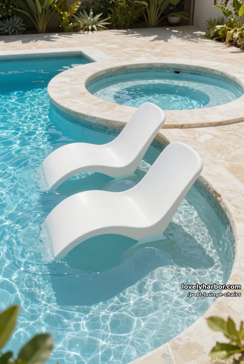 curved white lounge chairs on pool sun shelf, integrated hot tub design. 1