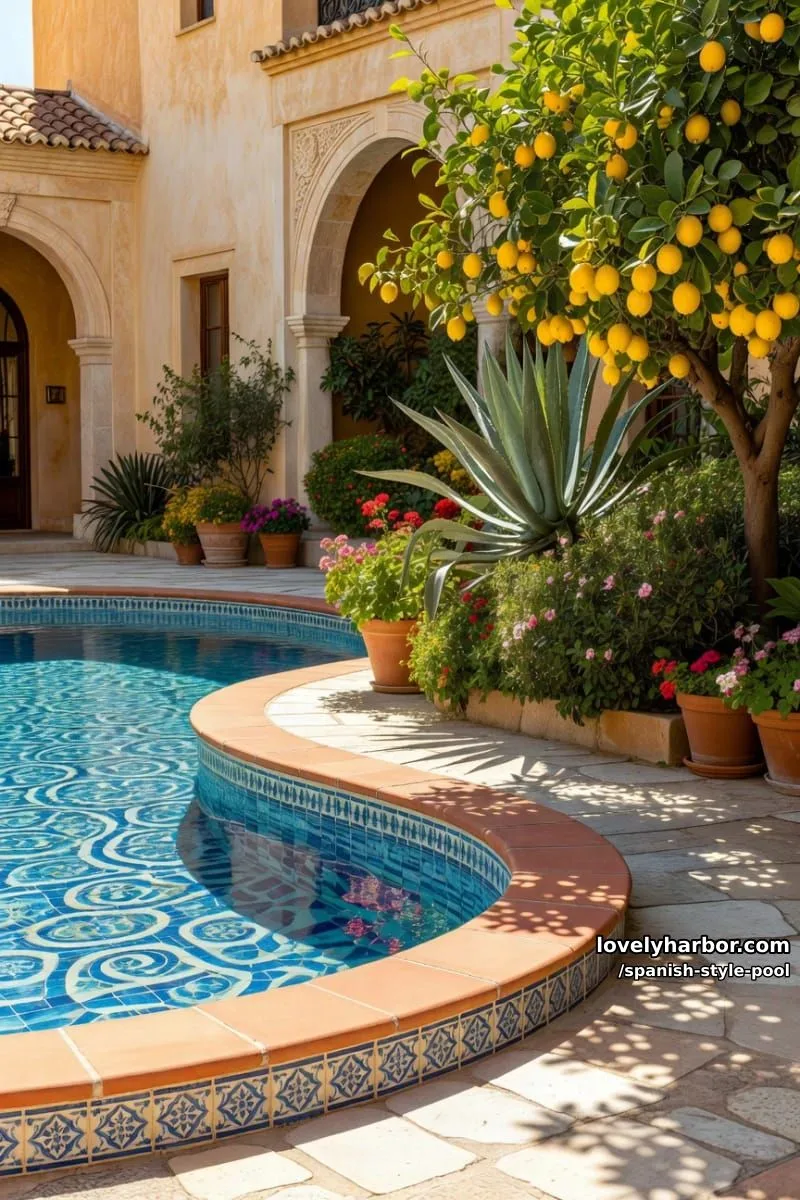 curving blue-tiled pool with lemon tree and mediterranean courtyard backdrop. 1