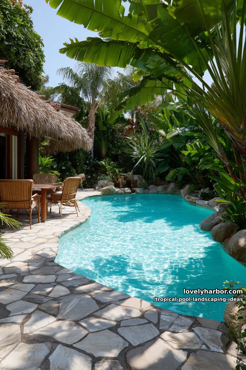 curving pool with irregular stone pavers, dense tropical foliage, thatched roof. 1
