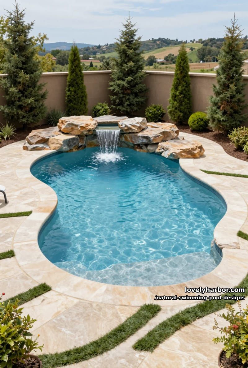 curving pool with stone coping, waterfall, artificial grass, and evergreen trees. 1