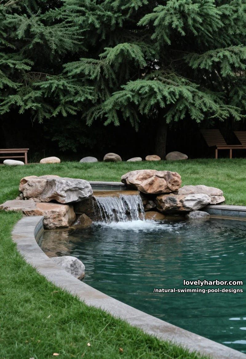 curving pool with stone coping, waterfall, artificial grass, and evergreen trees. 1