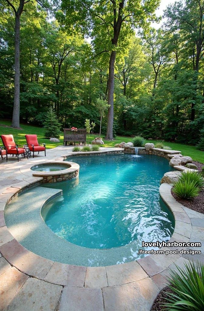 curving pool with sun shelf, bubbling spa, stone edging, and woodland backdrop. 1