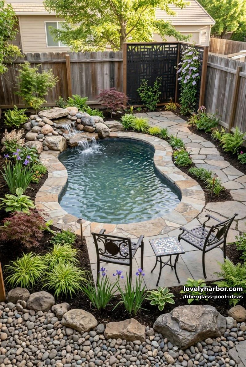 curvy fiberglass pool with stone waterfall for a refreshing backyard. 1