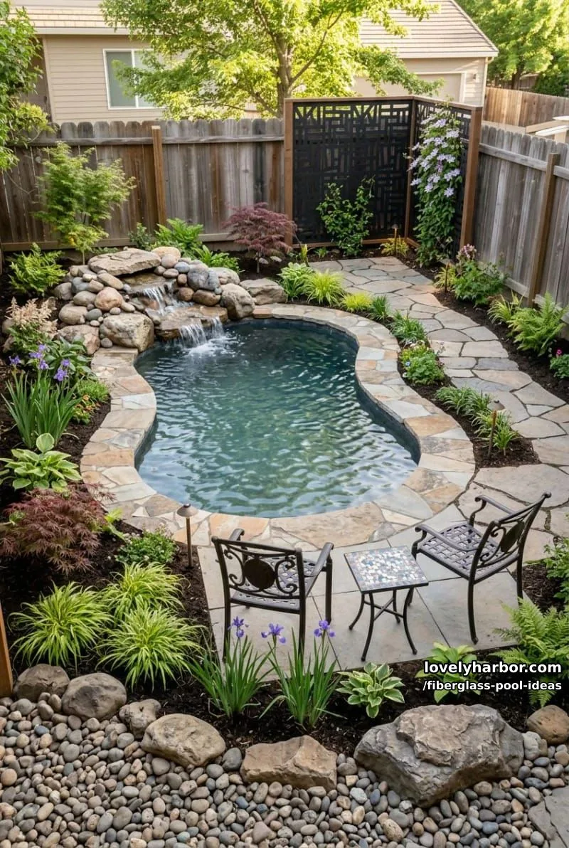 20 Fiberglass Pool Ideas for a Cozy Outdoor Retreat 6 curvy fiberglass pool with stone waterfall for a refreshing backyard. 1