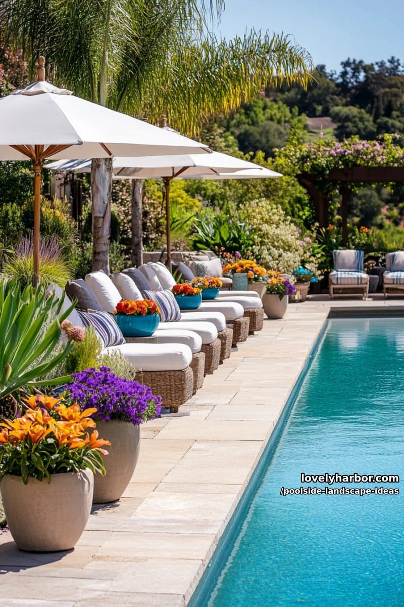 decorative planters with agave, flowers, and grasses around sunlit pool. 1