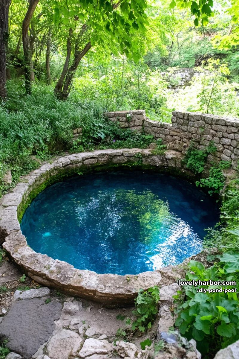 deep blue natural spring pool surrounded by mossy stones and dense foliage 1