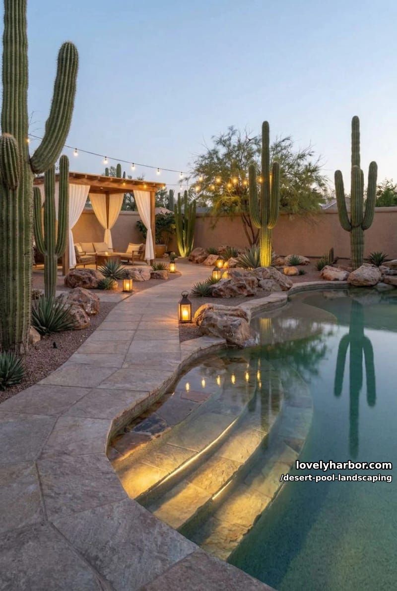 desert oasis at dusk, stone path, string lights, pergola, and cozy seating. 1