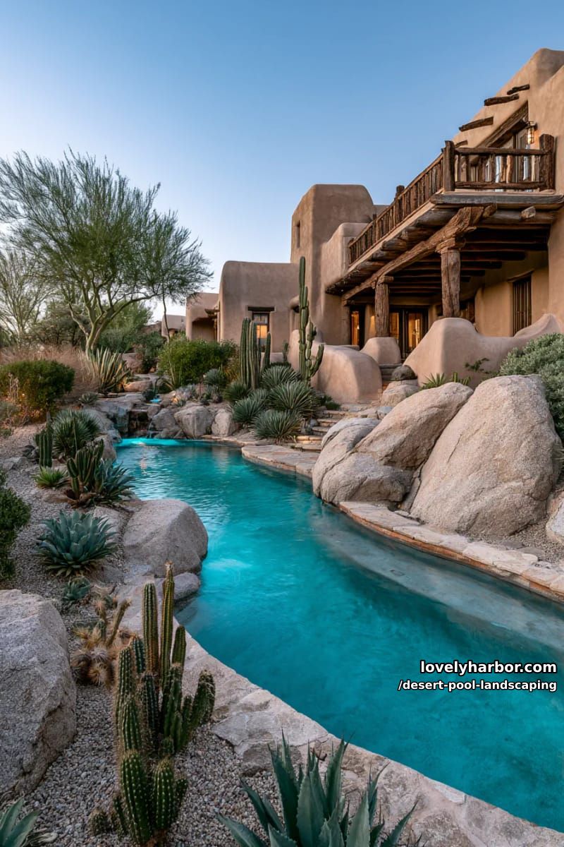 desert pool scene with cacti, agave, rustic adobe home, and evening light. 1
