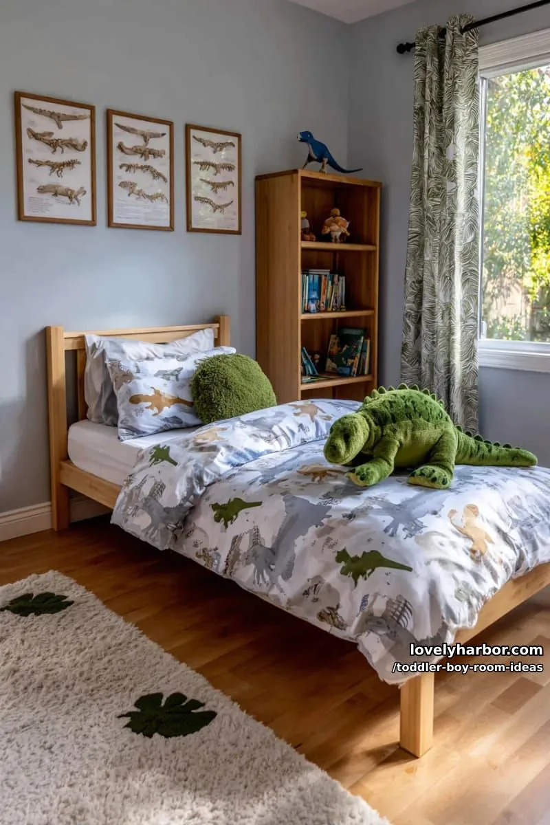 15 Playful Toddler Boy Room Design Ideas for Your Next Makeover 12 dinosaur paradise featuring a dino-print bedding and fossil wall art. 1