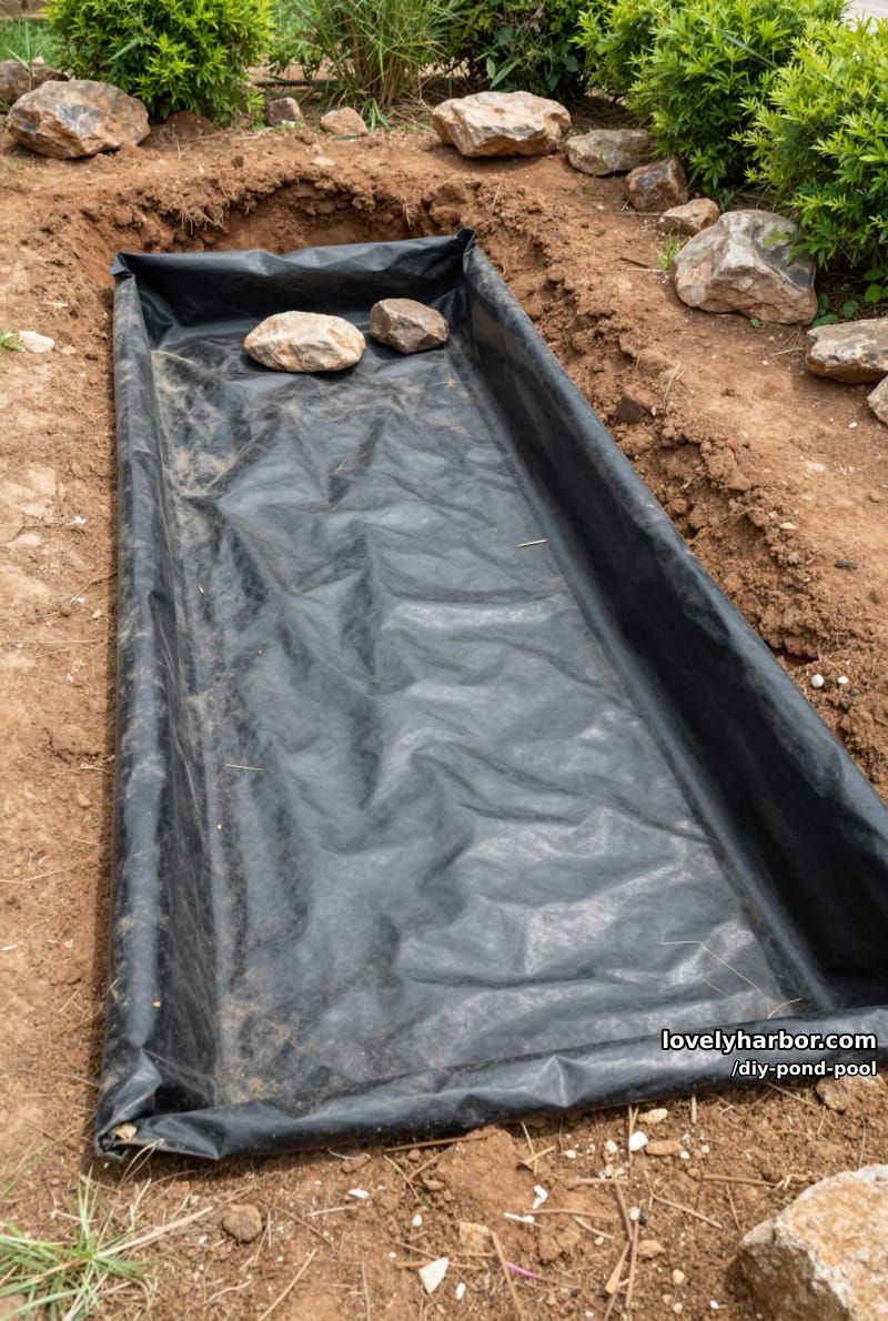 diy rectangular pond pool with wooden privacy fence, simple loungers, and minimal landscape 1