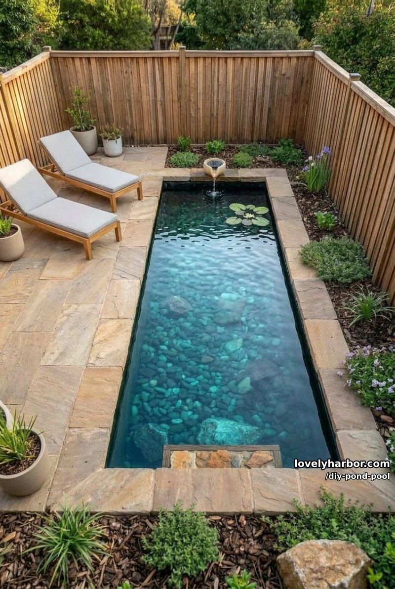 diy rectangular pond pool with wooden privacy fence, simple loungers, and minimal landscape 1