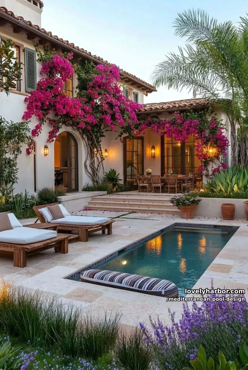 dusk-lit courtyard with small pool, bougainvillea, cypress trees, and ambient lighting. 1