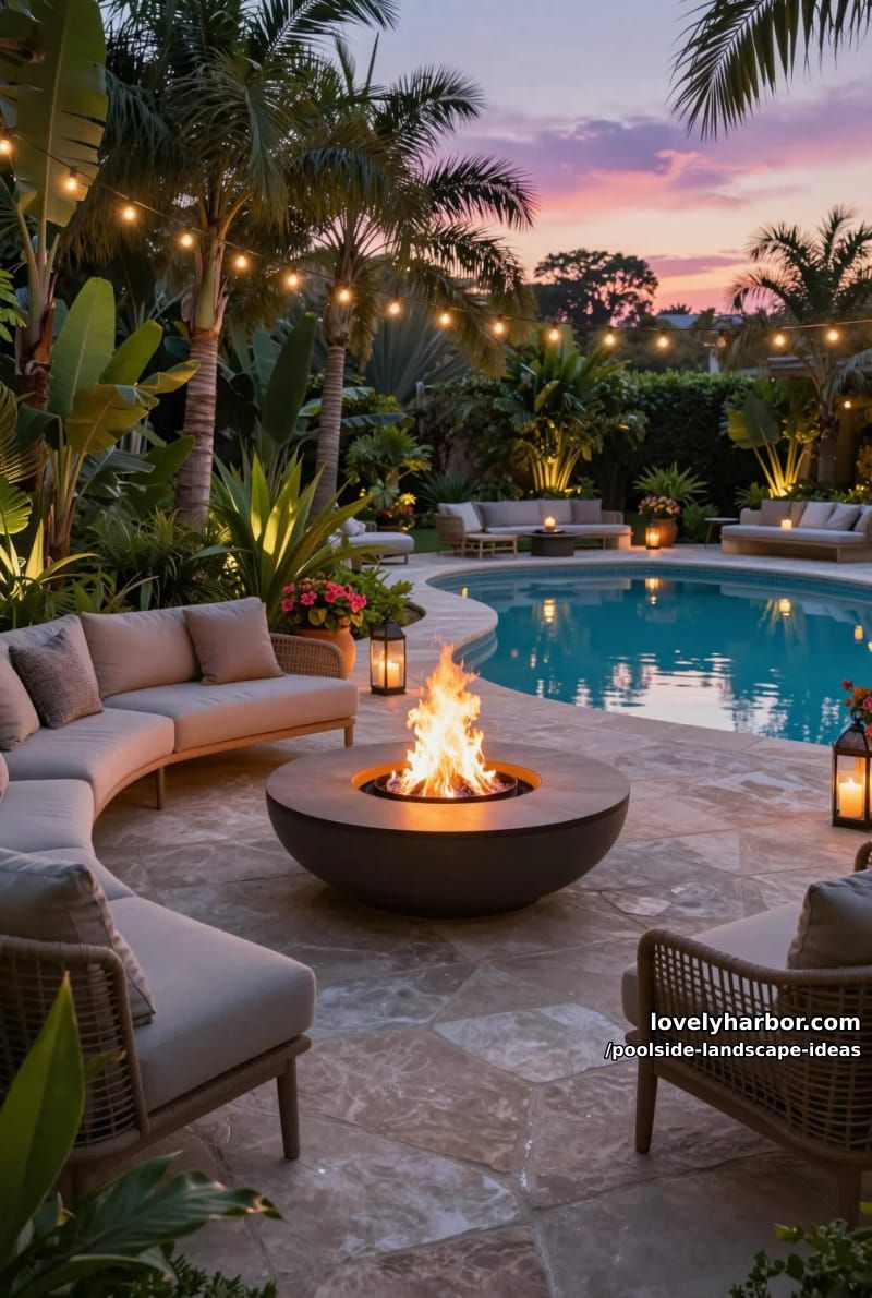 dusk patio with circular fire pit, lush greenery, and ambient lighting. 1