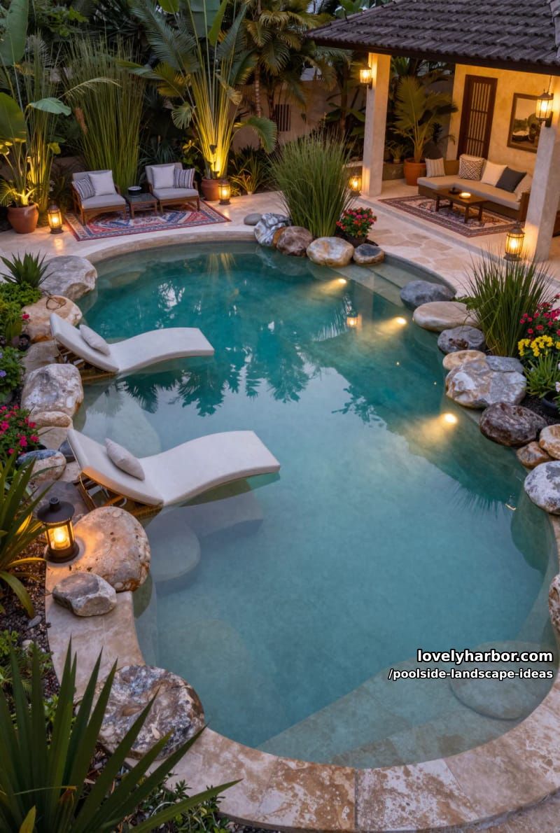 dusk pool scene with submerged loungers, river rocks, and solar lights. 1