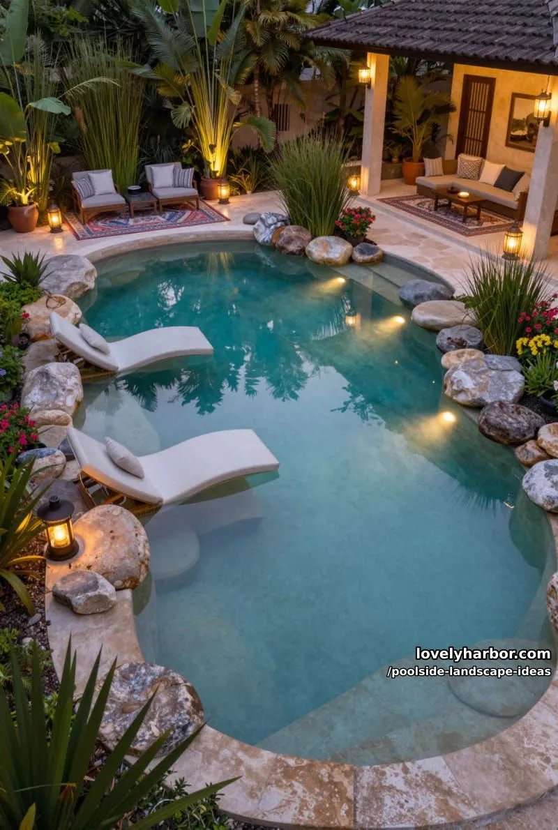 20 Dreamy Poolside Landscape Ideas to Transform Your Backyard 18 dusk pool scene with submerged loungers, river rocks, and solar lights. 1