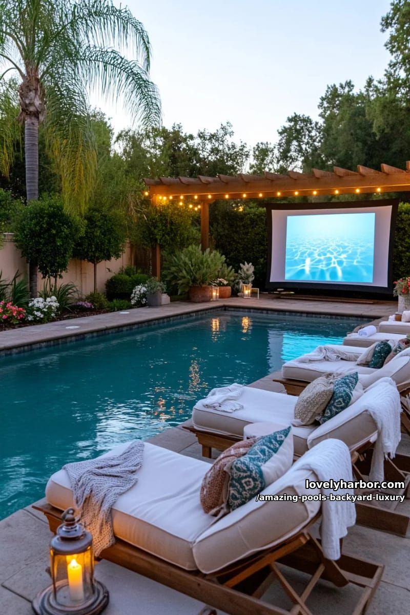 dusk pool with plush lounge chairs, pergola with string lights, poolside movie night. 1