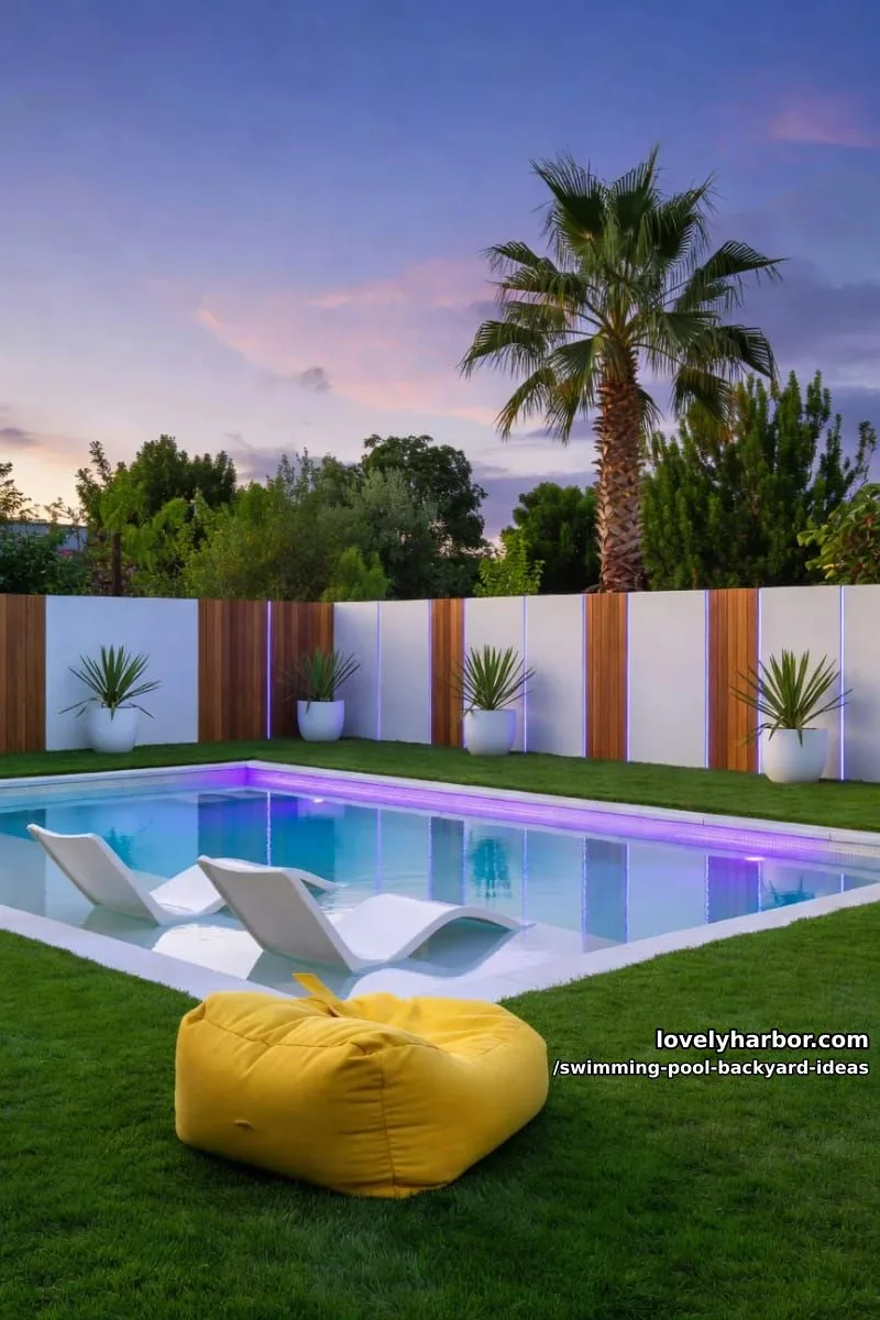 dusk pool with submerged loungers, purple led lights, and led privacy fence 1