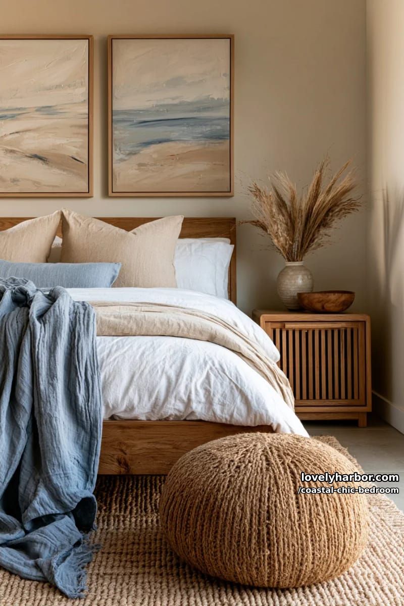 earthy bedroom with wood bed, blue pillows, abstract beach art, and jute pouf. 1