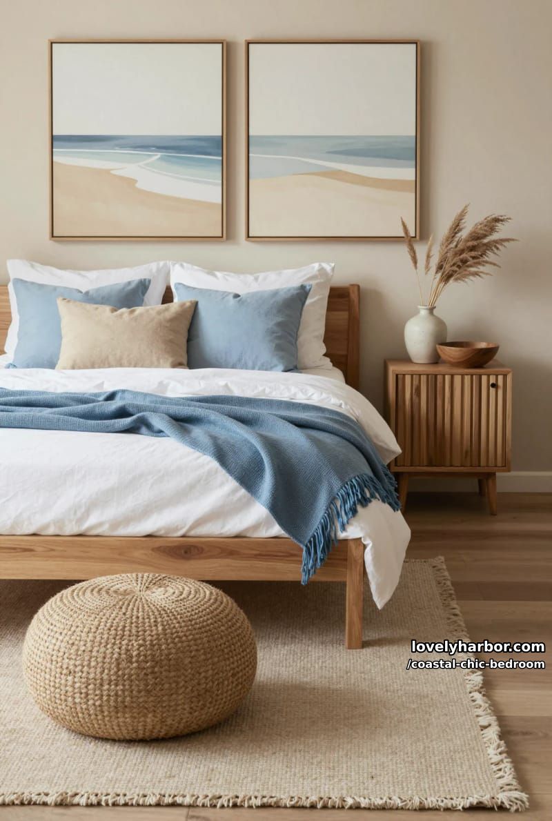earthy bedroom with wood bed, blue pillows, abstract beach art, and jute pouf. 1