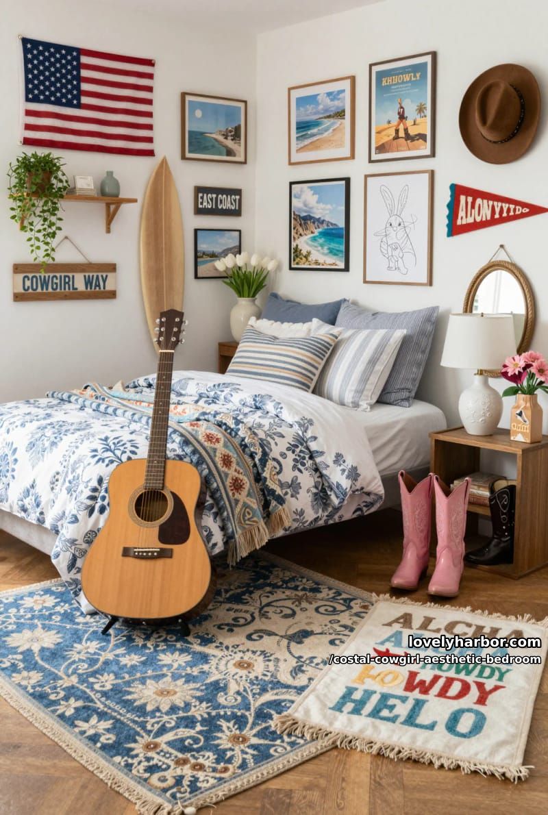 eclectic americana and western bedroom collage with blue bedding and cowboy motifs 1
