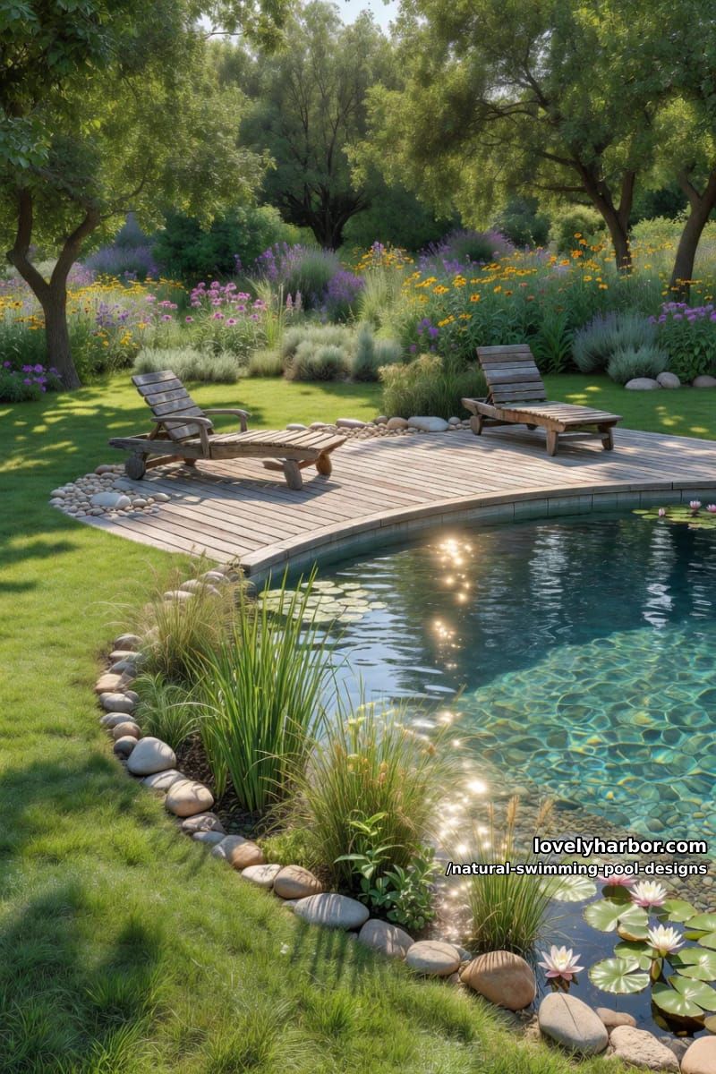 eco-friendly pool with stones, grass, wooden deck, and natural filtration zones. 1