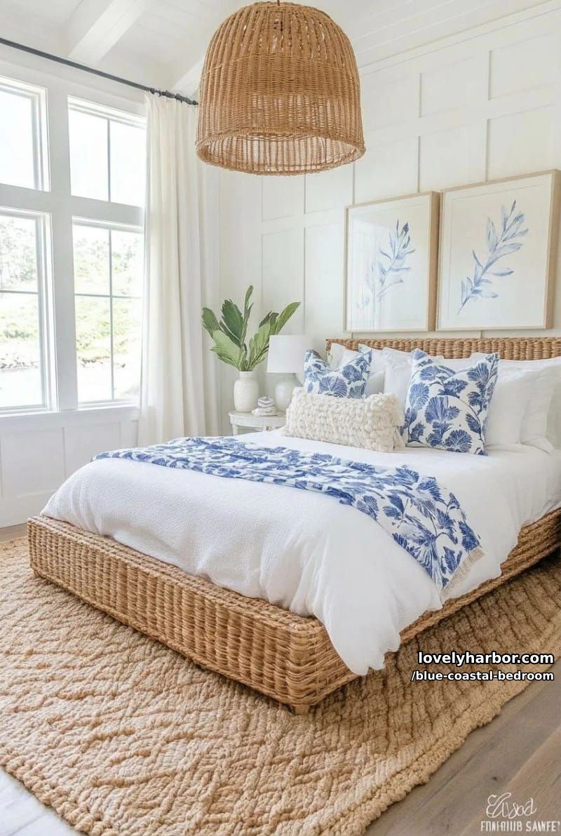 elegant bed with blue and white botanical pillows and paneled wainscoting. 1