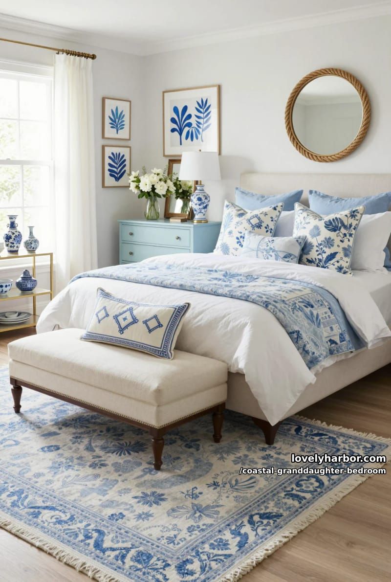 elegant bedroom with blue floral pillows, rope mirror, botanical prints, and vintage dresser. 1