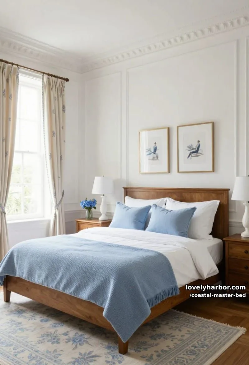 elegant bedroom with paneled walls, blue throw, floral curtains, and classic decor. 1