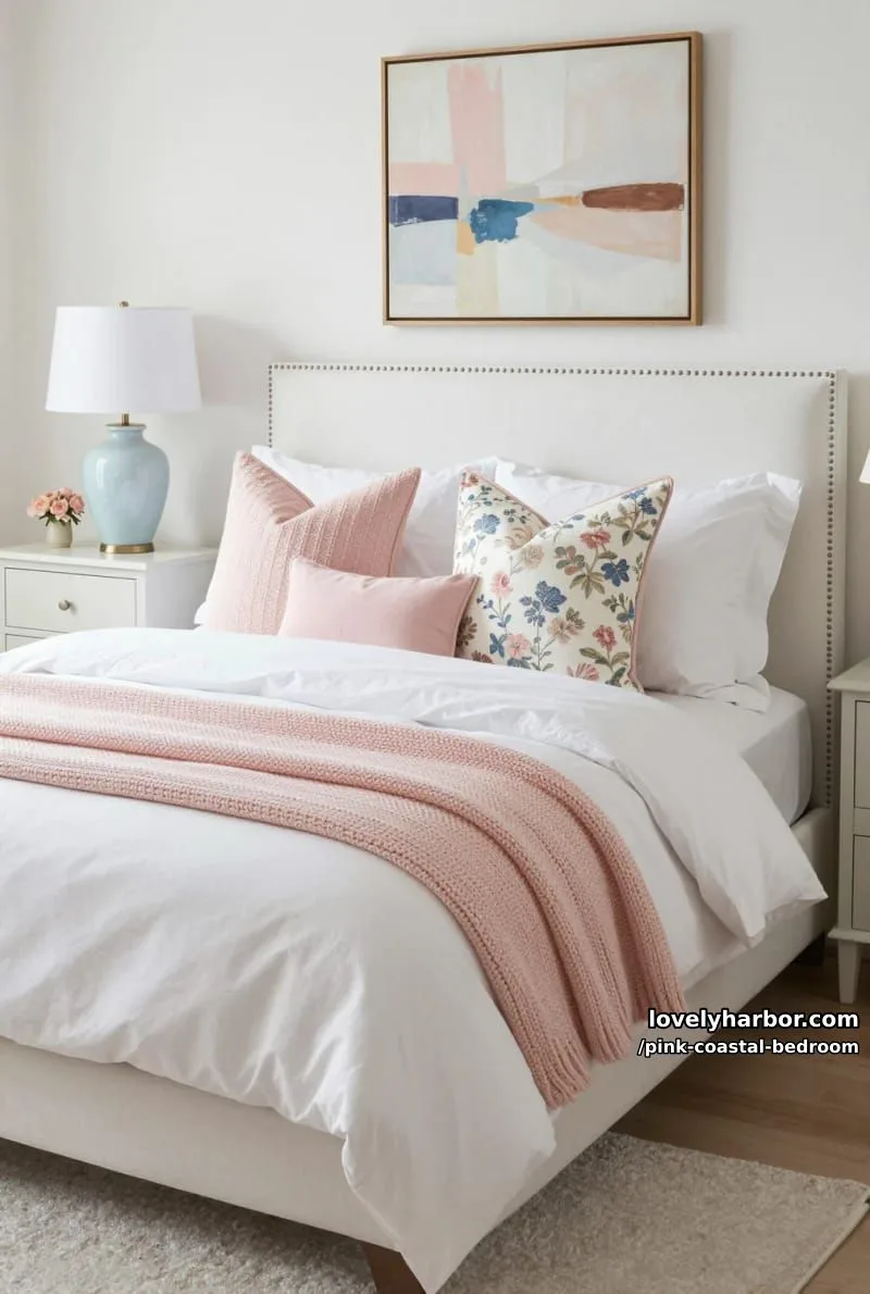 20 Dreamy Pink Coastal Bedroom Ideas to Try This Season 12 elegant bedroom with pastel bedding and floral patterned pillows. 1