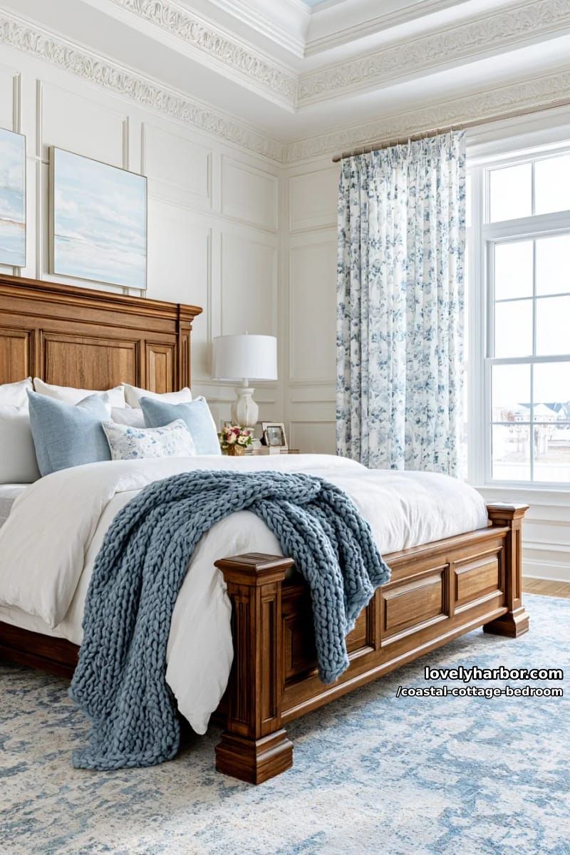 Lovely Harbor 32 elegant bedroom with white paneling, blue accents, floral curtains, and crown molding. 8