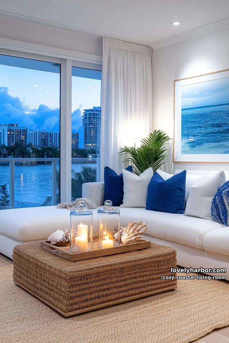 elegant coastal-inspired living room at night with white sectional, blue accents, and city lights view 1