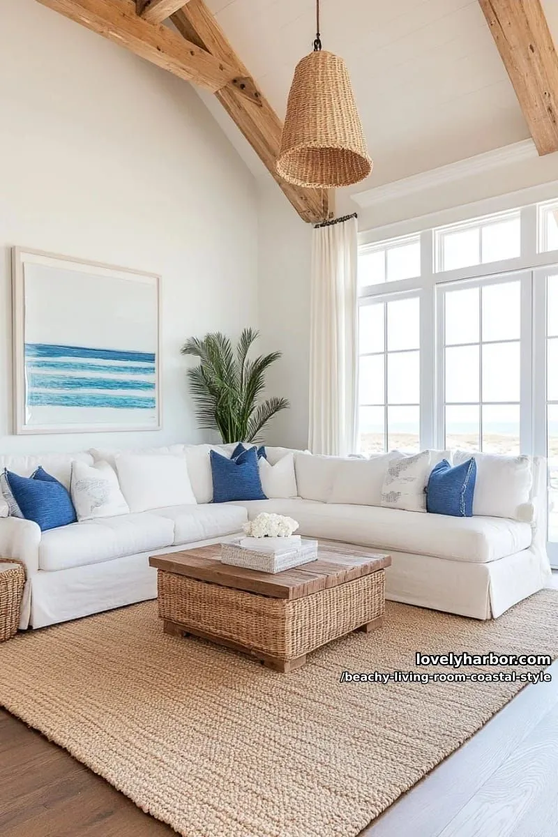 elegant coastal living room with white sectional, rattan pendants, and abstract art 1