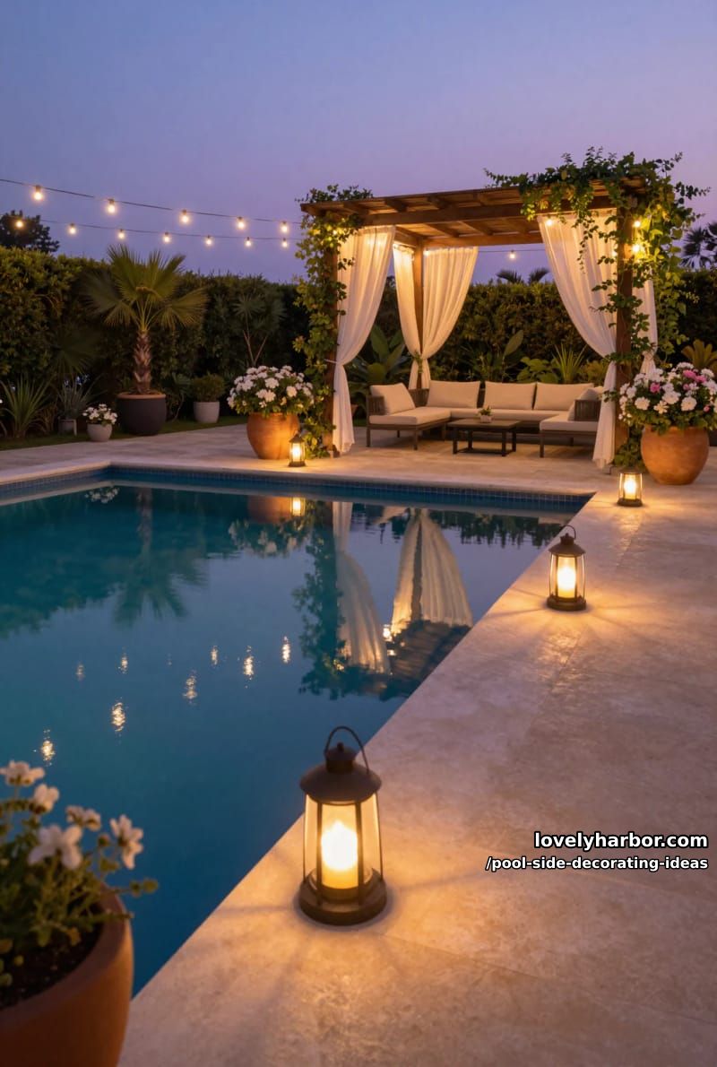 elegant dusk poolside with glowing lanterns, pergola, string lights, and flower arrangements. 6