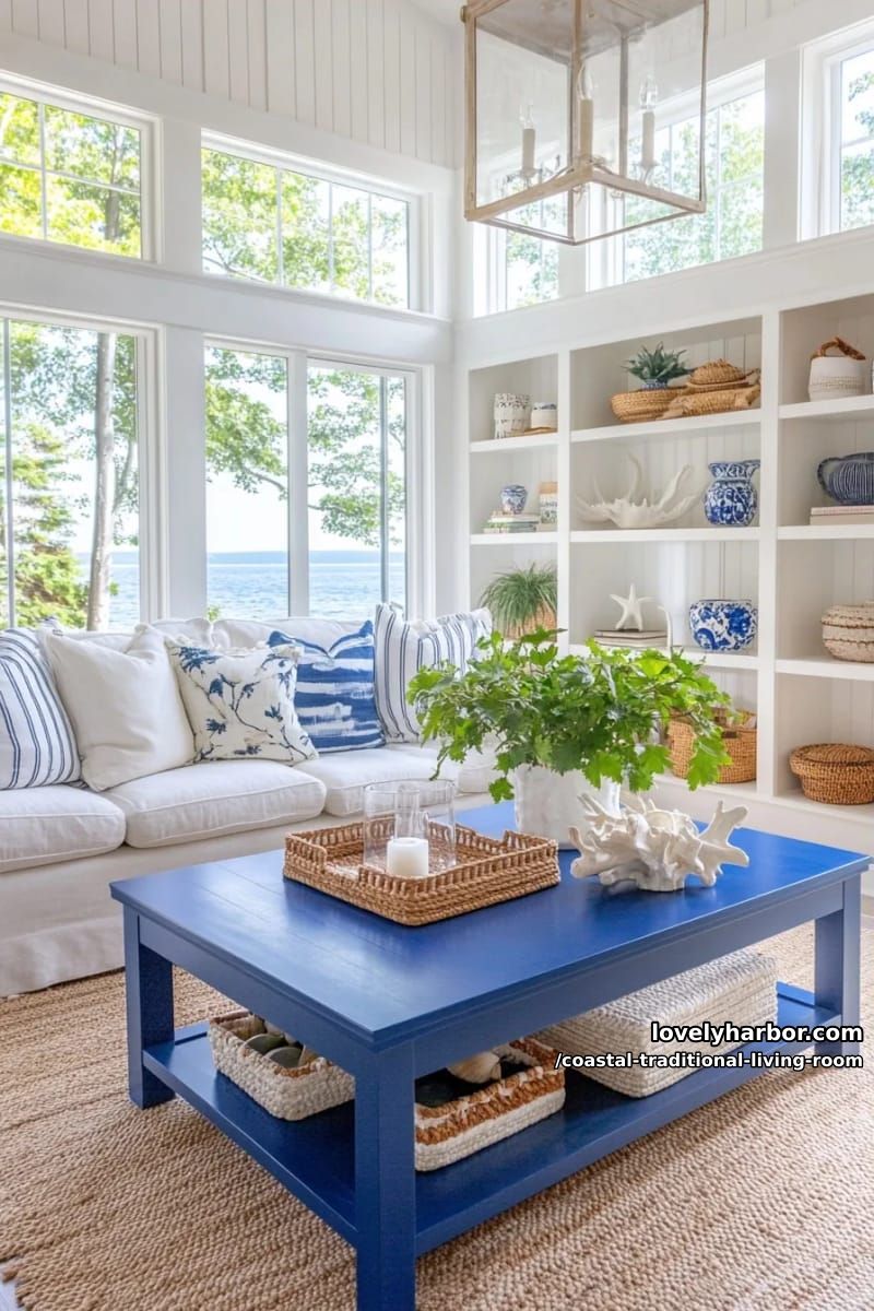 20 Dreamy Coastal Traditional Living Room Designs to Inspire 21 elegant living room with blue coffee table, white sofa, and built-in shelves. 1