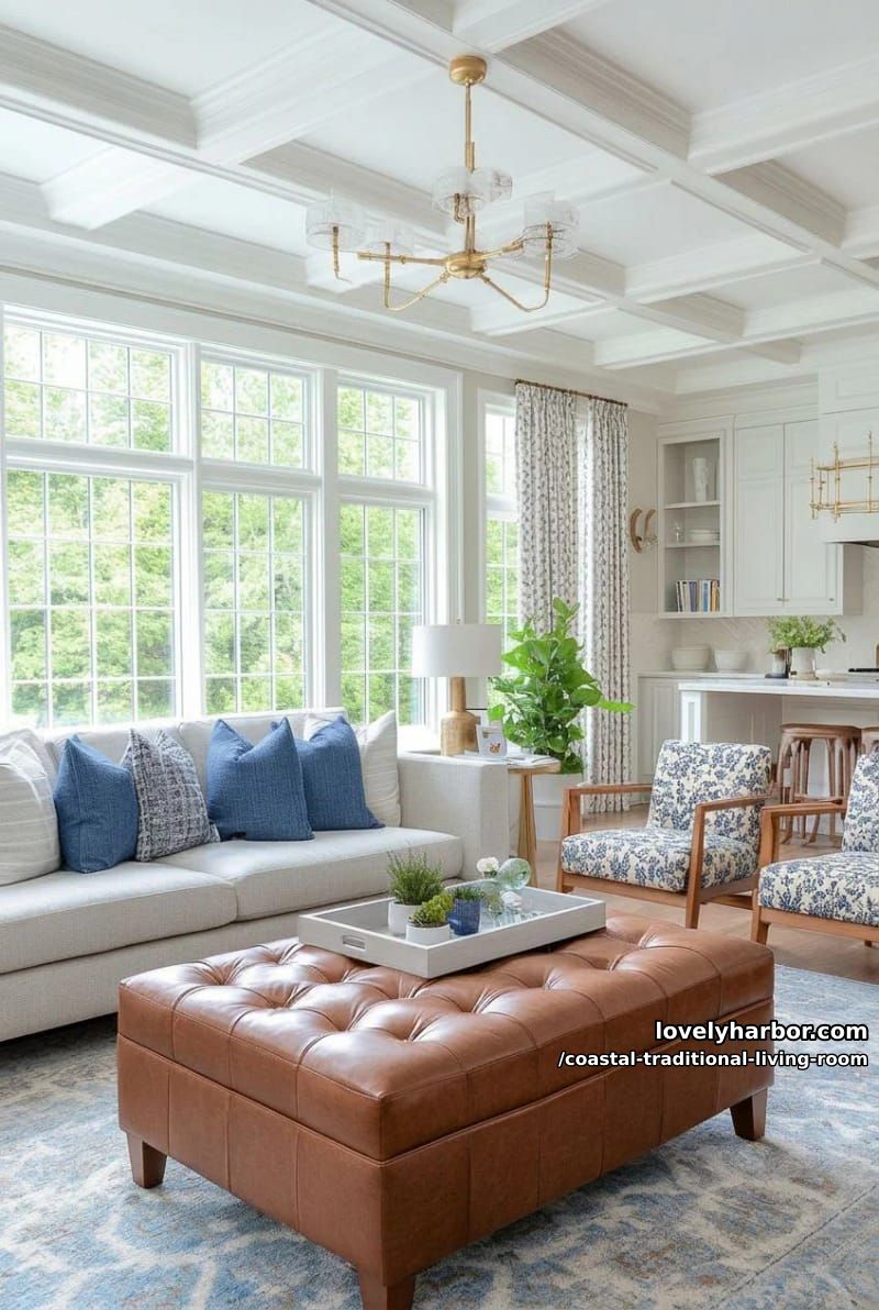20 Dreamy Coastal Traditional Living Room Designs to Inspire 13 elegant living room with blue-gray sofa, leather ottoman, and gold chandelier. 1