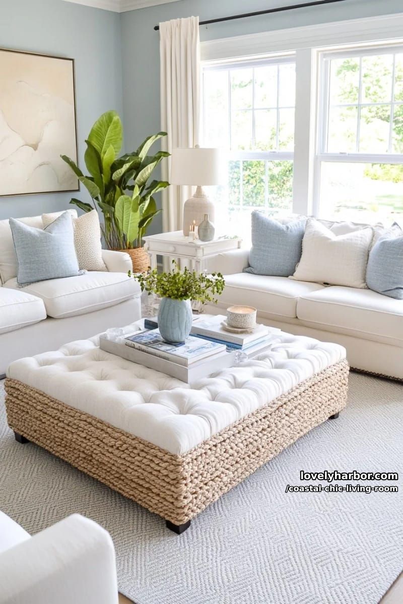 elegant living room with blue walls, white sofas, neutral ottoman, and plants. 1