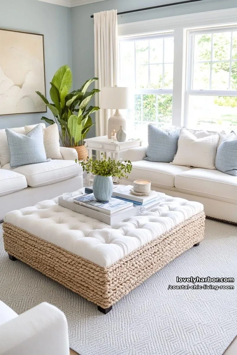 20 Chic Coastal Living Rooms You'll Love 20 elegant living room with blue walls, white sofas, neutral ottoman, and plants. 1
