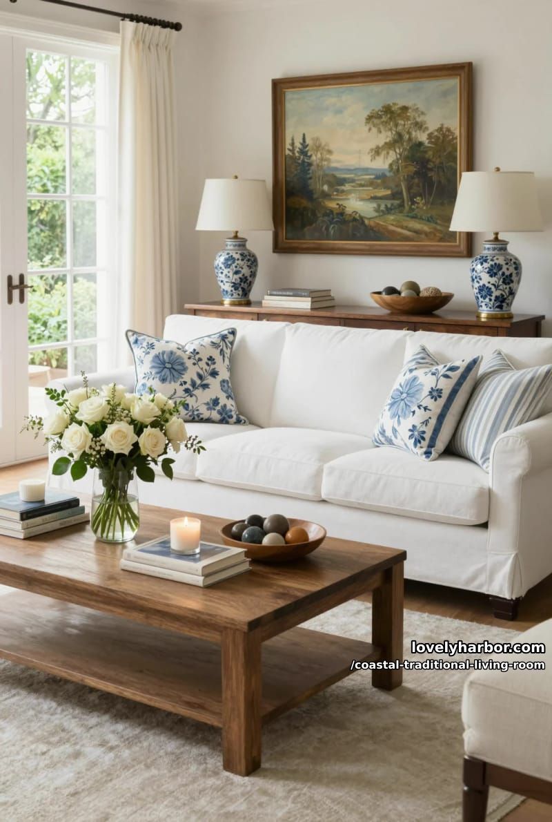 20 Dreamy Coastal Traditional Living Room Designs to Inspire 5 elegant living room with white sofa, blue accents, and landscape art. 1
