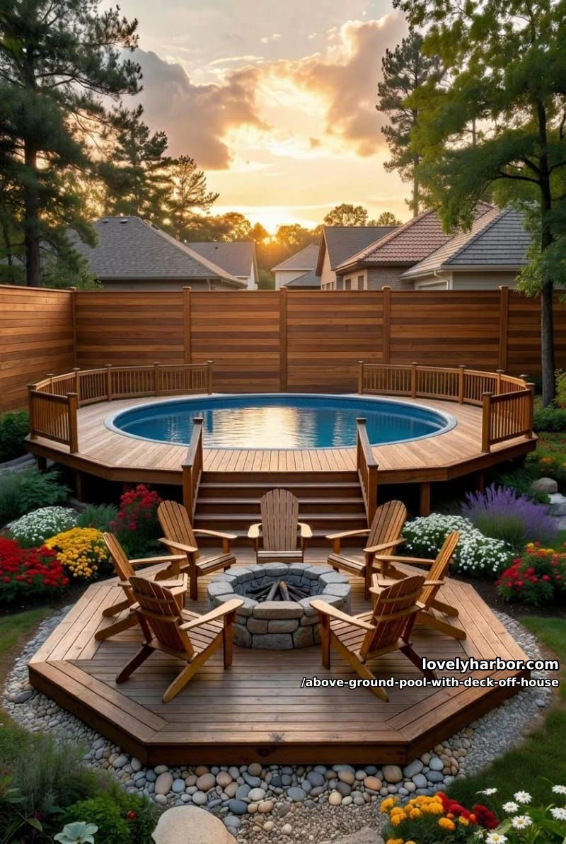 elevated pool with multi-level deck, adirondack chairs around fire pit, and landscaping 1
