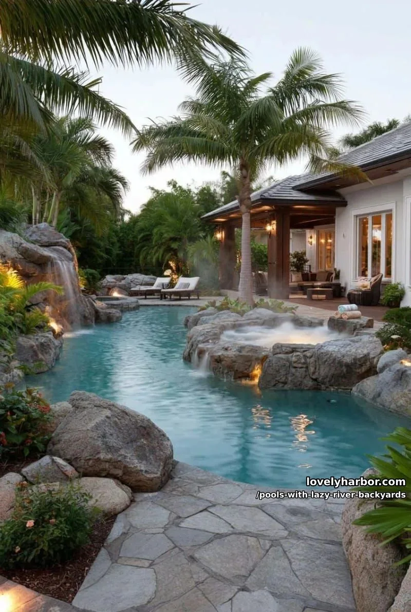 19 Pools with Lazy Rivers for Stunning Backyards 6 estate with lagoon pool, rock waterfall, hot tub, and pavilion. 1