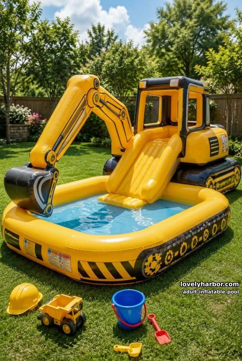 excavator-themed inflatable pool with slide and playful decorations. 1