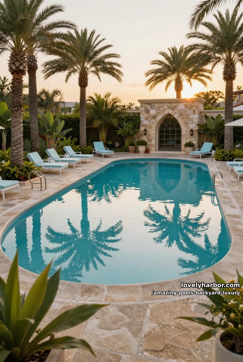 expansive pool surrounded by palm trees, stone archway, white lounge chairs, sunset sky. 1